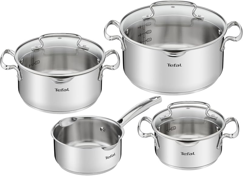 Duetto Plus 3-teiliges Kochtopf-Set 16/20/24 cm + Stielkasserolle 16 cm + 3 Deckel, induktionsgeeignet, Thermo-Fusion, Messmarken, spülmaschinenfest, backofenfest, Edelstahl