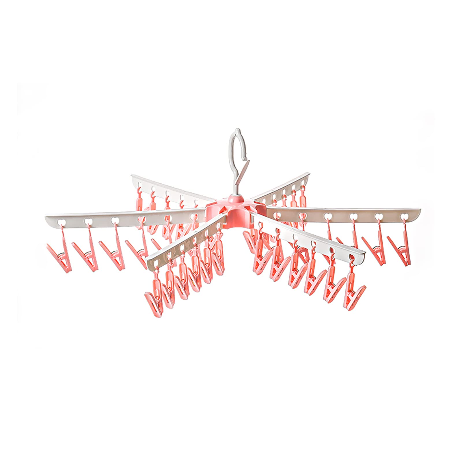 CMOISO 365° Rotation Sock Hanger for Washing Line with 36 clips, 1 Pcs Foldable Underwear Dryer with Pegs, Sock Dryer Underwear Hanger for Washing Line for Laundry Bra Panty, Pink