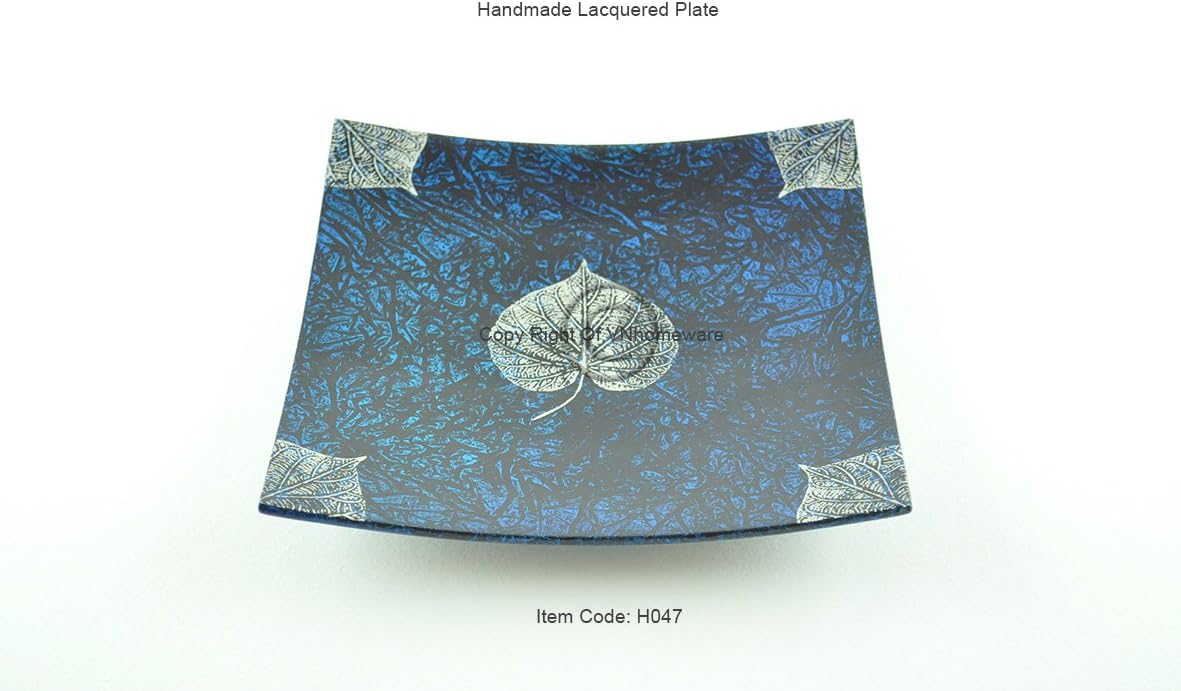 viethuy03 Handmade Lacquer Wooden Plate, Curving Square Shape, Decorative And Serving Plate, Large Size, Blue, H047L