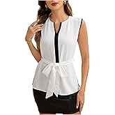 winkbay Women's Summer Notch V Neck Blouse Elegant Belted Sleeveless Shirts Business Casual Tops