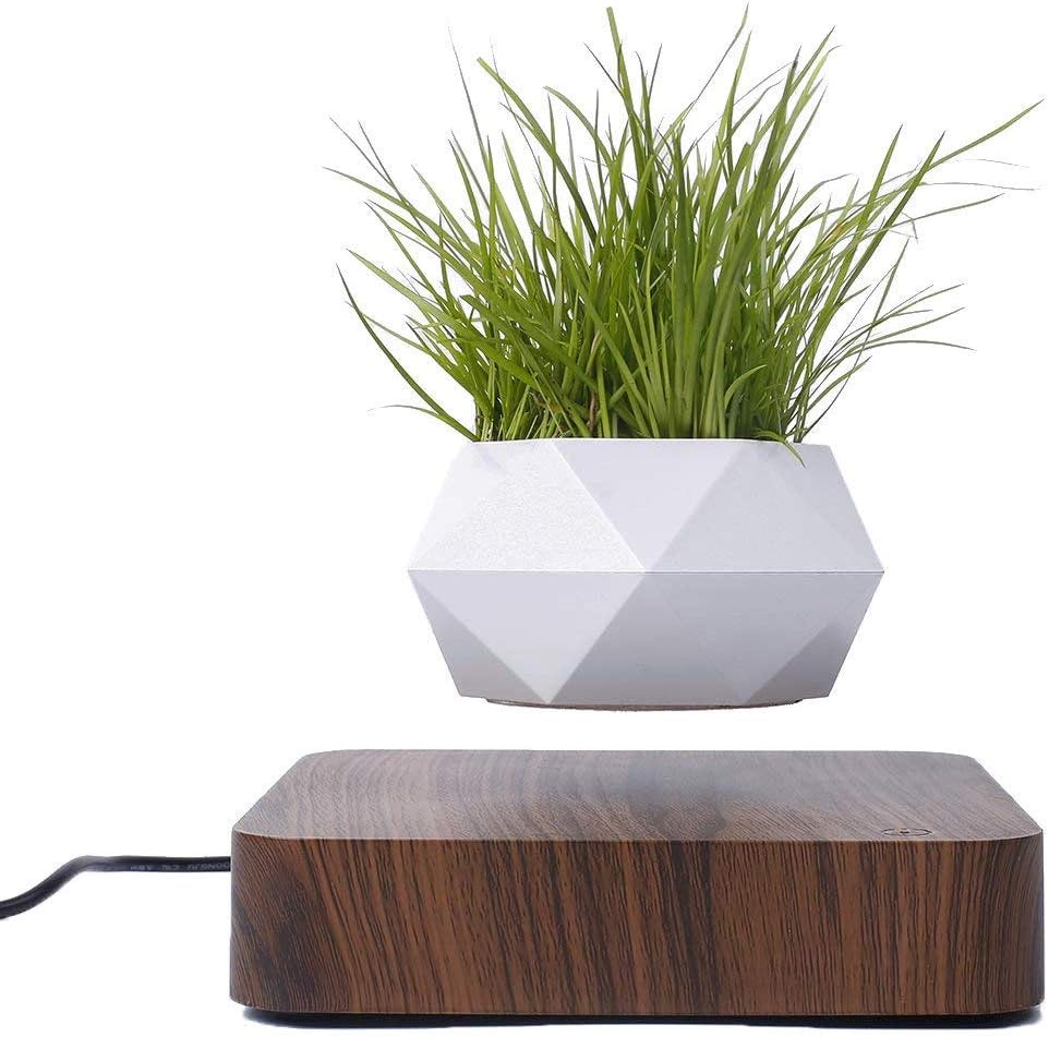 Levitating Air Bonsai Pot, Magnetic Levitation Suspension Flower Potted Plant 360 Degree Rotation Micro Landscape Gardening Planter for Home Office Desktop Decoration (Brown Base)