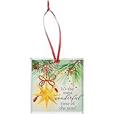 Elanze Designs Most Wonderful Time of Year Gold Star Square Yellow and Green 3.5 x 3.5 Glass Sparkling Christmas Ornament - Festive Holiday Tree Decoration