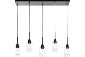 Wanluce 5-Light Pendant Light Fixtures Kitchen Island Farmhouse Black Pendant Light with Clear Glass Shades, Adjustable Industrial Linear Chandelier Hanging Pendant Light Cluster for Dining Room, Bar
