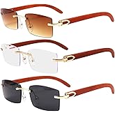 Dollger Rimless Rectangle Sunglasses for Men Women Hip-hop Wood Small Square Sunglasses Frameless 70s 90s Shades