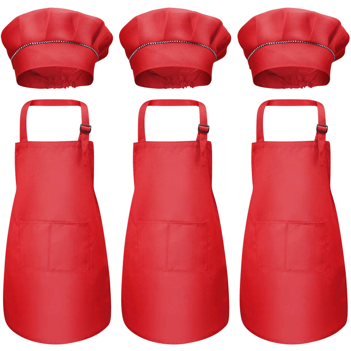 Set of 6 Children's Apron and Chef Hat Set, Chef Aprons with Pockets, Girls Boys Adjustable Kitchen Aprons, Garden Aprons, Toddler Cooking Aprons for Painting Crafts (7-13 Years) (Red)