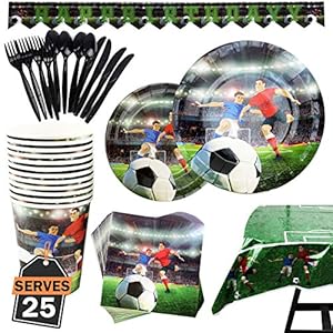 Kompanion Set de 177 Piezas de Fiesta Diseño de Fútbol, Incluye Pancarta, Platos,Vasos, Cubiertos, Servilletas,Mantel, Cucharas, Tenedores y Cuchillos, 25 Personas