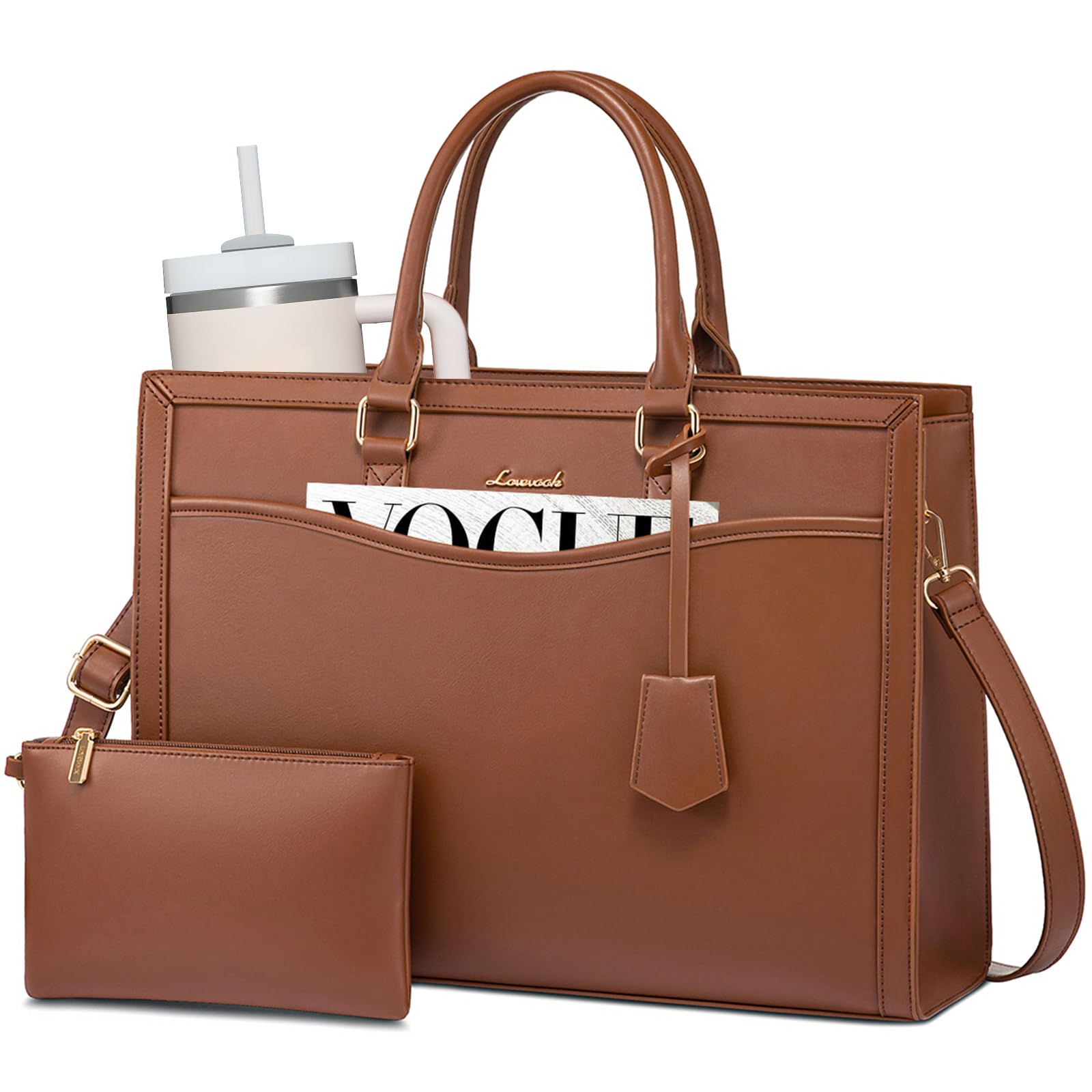 Photo 1 of LOVEVOOK Laptop Tote Bag for Women, Leather Office Work Bag Briefcase fit for 15.6 inch Laptop, Large Teacher Computer Bag Handbag,2pcs Set Leather/Brown