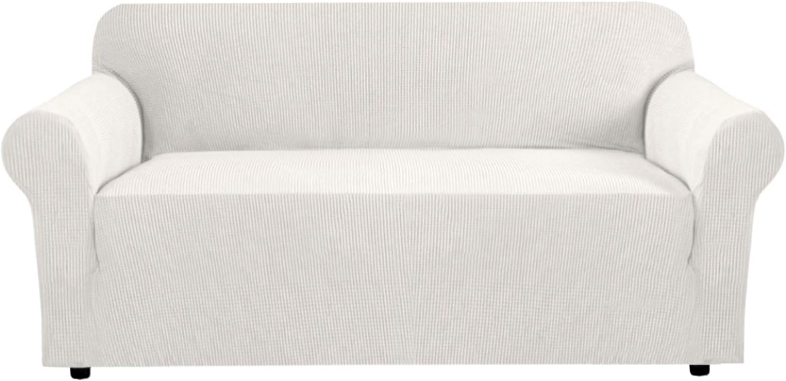 Stretch Sofa Slipcover 1-Piece Sofa Cover Soft with Elastic Bottom High Fitness Spandex Jacquard Fabric Small Checks Stretch Anti-Wrinkle Slip Resistant Form Fit Slipcover 4 Seater Sofa Cover,Ivory