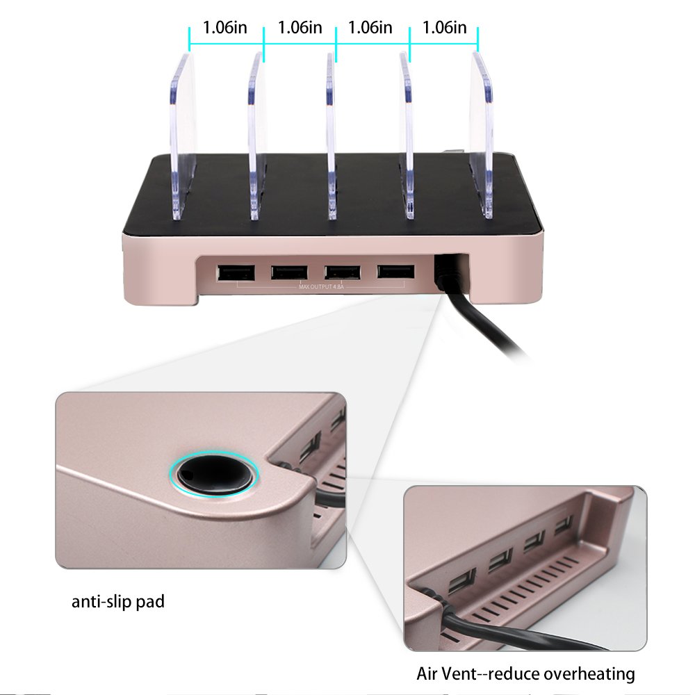 Charging Station,XPLUS 4 Ports USB Charging Station Organizer,Faster Charging Stand Universal Detachable Multi-Device Charger Compatible for iPhone,iPad ,Samsung Galaxy S8,Cell Phones,Tablets(Rose Gold)