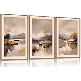 FWIEXA Abstract Landscape Neutral Canvas Wall Art Set, Beige Grey Mountain Framed Wall Decor, 3 Panel 24x36 Inches Watercoler