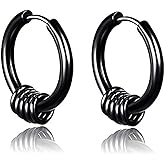 YZstyle Stainless Steel Black Silver Circle Huggie Hinged Hoop Earrings with Small Circle Ring Charms Punk Hip Hop Rock Gothic Style Kpop Earrings for Men Women…
