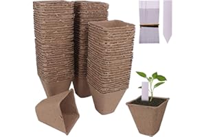 Huvai 100 Pack 3.15" Square Biodegradable Peat Pots Plant Seedling Saplings & Herb Seed Starters Kit with 100 Pcs White Plastic Plant Labels