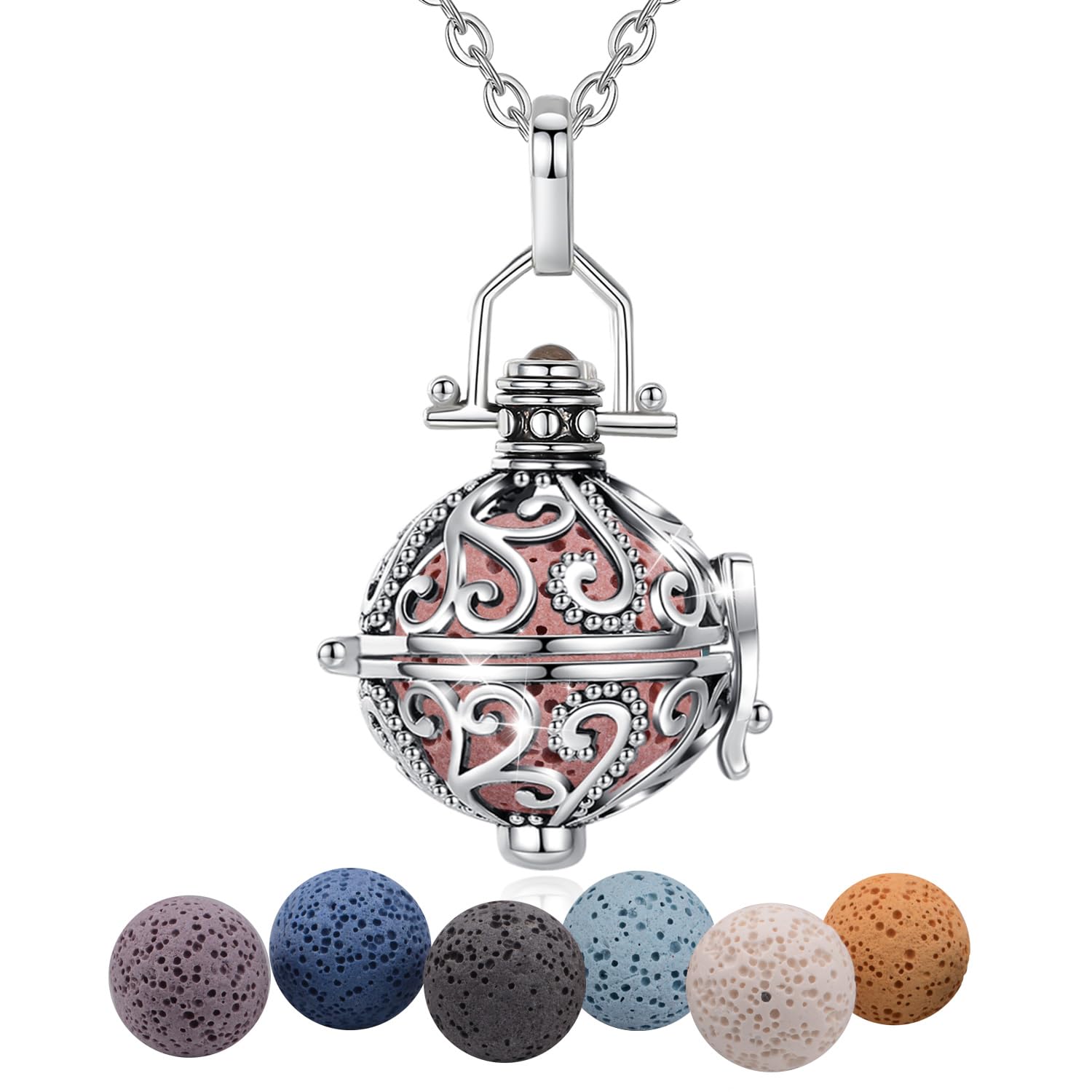 EUDORA Harmony Ball Aromatherapy Essential Oils Diffuser Necklace for Women Gilrs Pendant Necklace with 7PCS Lava Stone, 24 inches Chain