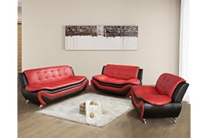Plithzy 3 Piece Living Room Furniture Set, Leather Sofa Set for Living Room, Modern Couch Set with 3-Seater Sofa, Lovesat and Armchair (Red&Black)