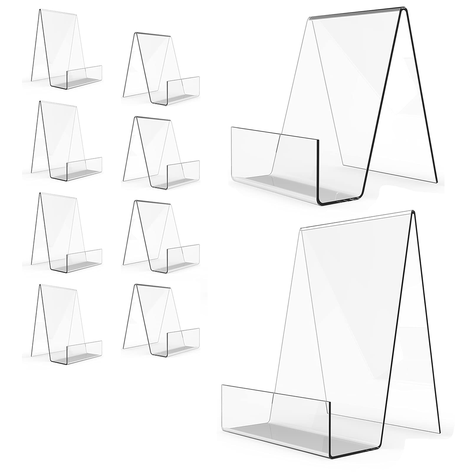 Boloyo Acrylic Book Stand with Ledge 10 PC,Clear Acrylic Display Easel, Clear Tablet Holder for Displaying Pictures,Books,Music Sheets,Notebooks, Artworks, CDs, etc.(5 x Small + 5 x Large)…