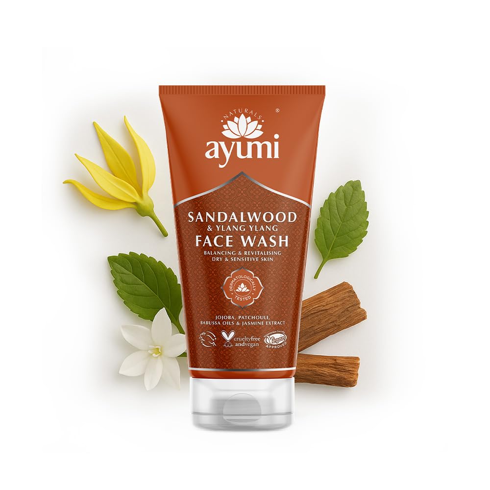 Ayumi Sandalwood Dry Skin Face Wash | Hydrating Wash for Dry & Sensitive Skin | Aromatic Natural Facewash with Ylang Ylang Essential Oil & Jojoba | Face Wash Women & Men | 1x150ml