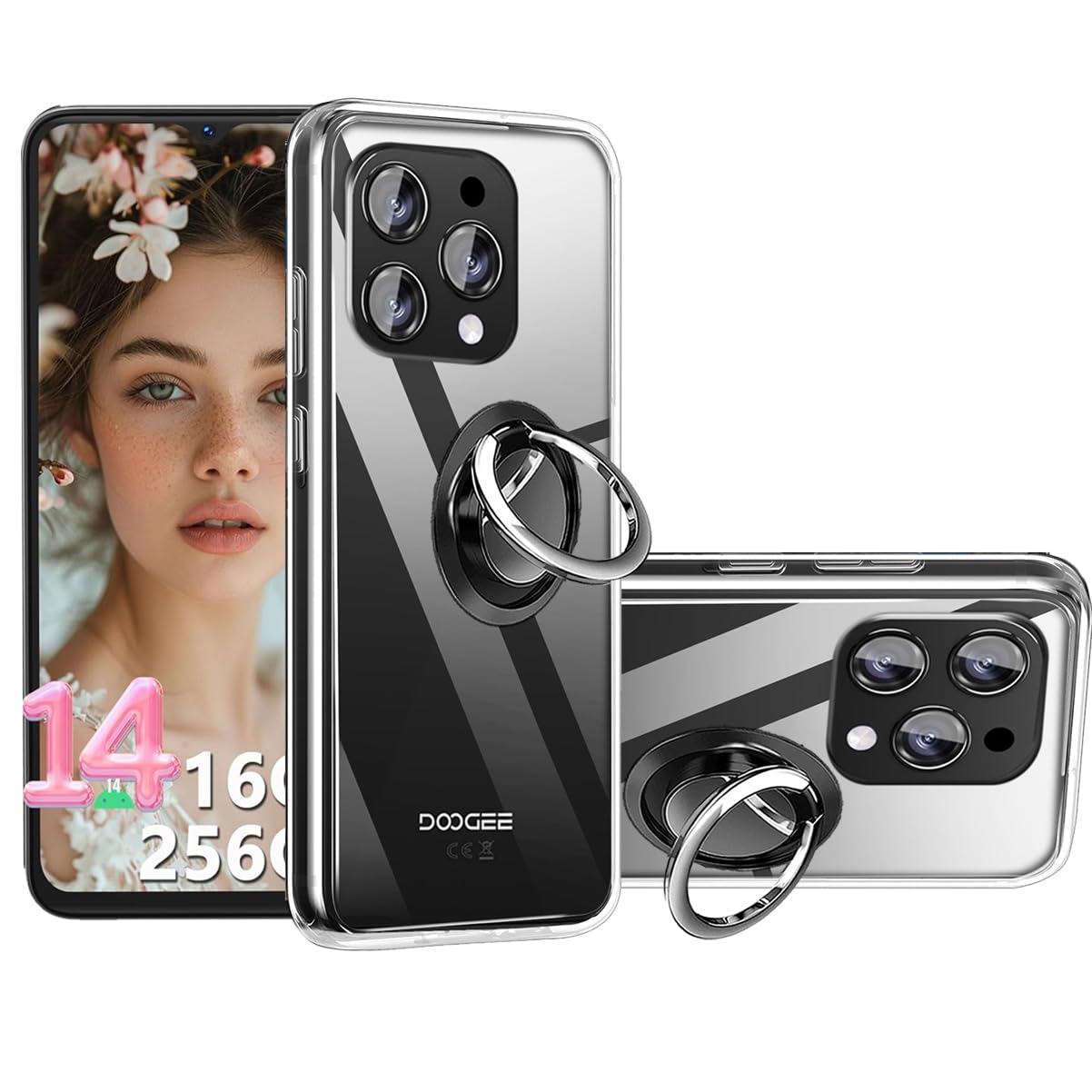 2-in-1 Case + Phone holder Ring Compatible with Doogee N55 Pro/ N55 Plus/ Doogee N55 Cover for Doogee N55 Pro/ N55 Plus/ Doogee N55, Slim Fit Soft TPU Shockproof Anti-Scratch Phone Case Cover - Clear