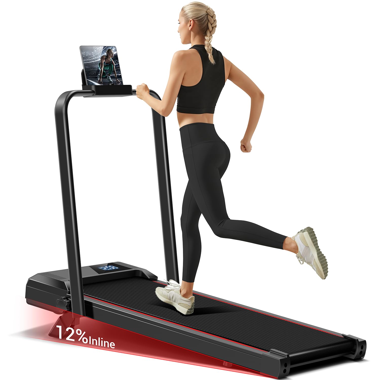 LONTEK Electric Treadmills for Home Foldable, Portable Treadmill Walking Running Machine with Heart Rate Monitor, Compact Treadmill with 5inch LCD Screen, 1-10kmh, 1.5HP DC Motor, 12 Programs, 90kg