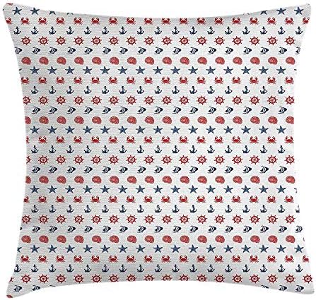 JIEKEIO Aqua Throw Pillow Cushion Cover, Marine Theme Collection with Seashell Starfish Crab Anchor Wheel Sailboat, Decorative Square Accent Pillow Case, 18 X 18 Inches, Dark Blue Red White