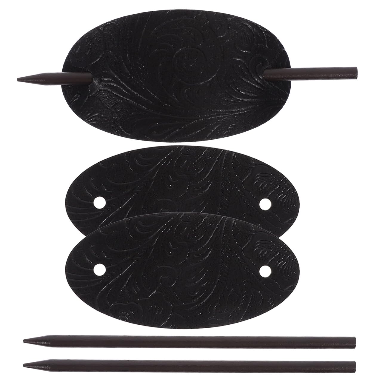 TEHAUX Oval Shaped Leather Hair Barrettes with Stick, Hair Bun Holder Ponytail pin Headpiece for Types Wavy Straight Curly Pack of 3