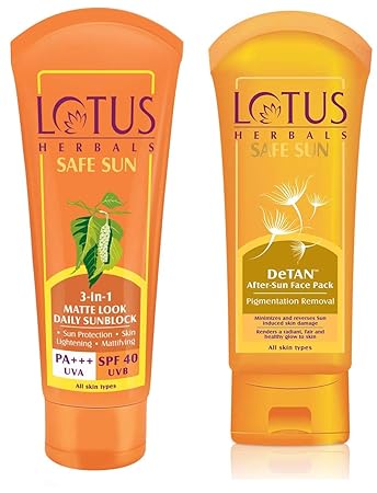 Lotus Herbals Safe Sun 3-In-1 Matte Look Daily Sunblock SPF-40, 50g & Herbals Safe Sun De-Tan After Sun Face Pack, 100g Combo