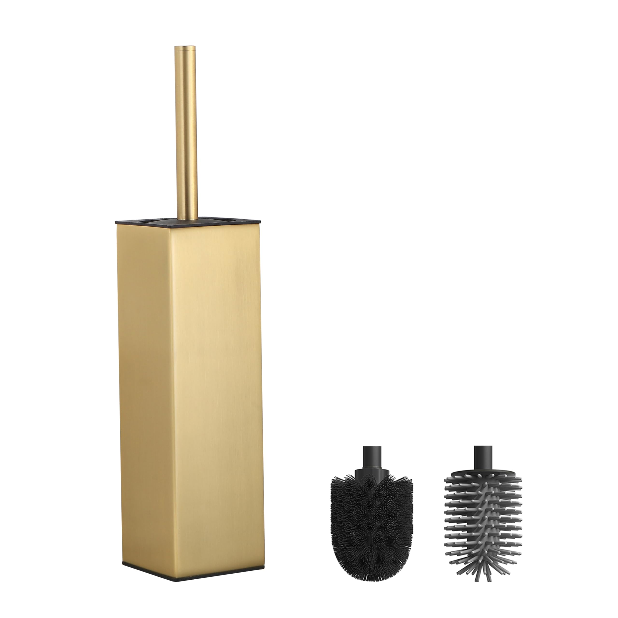 BVL Brushed Gold Toilet Brush, Square Silicon Toilet Brush and Holder, Free Standing Toilet Brush Including 2 Quick Drying Brush Heads