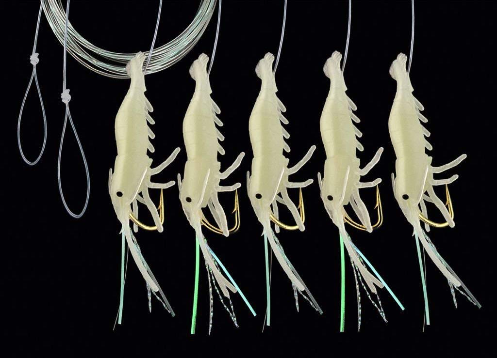 Jenzi DEGA Mackerel Shrimp Leader with 5 Side Arms, Attractive Imitation Shrimp, Length 150 cm, Cord 0.50 mm, Hook Size 1/0, 2 Colours to Choose From (Luminous)