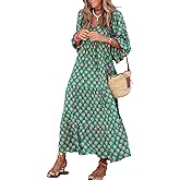miduo Womens Loose Fit Casual Summer V Neck Half Sleeve Bohemian Geometric Pattern Maxi Long Dresses