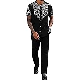 ZSJR Mens African 2 Piece Set Nigerian Dashiki Metallic Short Sleeve Suit Gold Stamp Printed Shirt and Pants Outfit