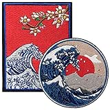 Ebateck Kanagawa Wave Patch Sew On Iron On Patches, 2 Pack Large Size, Embroidered Applique Badge Great for Jackets Backpacks Hats, Japanese Folk Art Gift