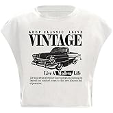 GORGLITTER Women's Graphic Print Cap Sleeve Crop Top Casual Round Neck Short Sleeve T-Shirt