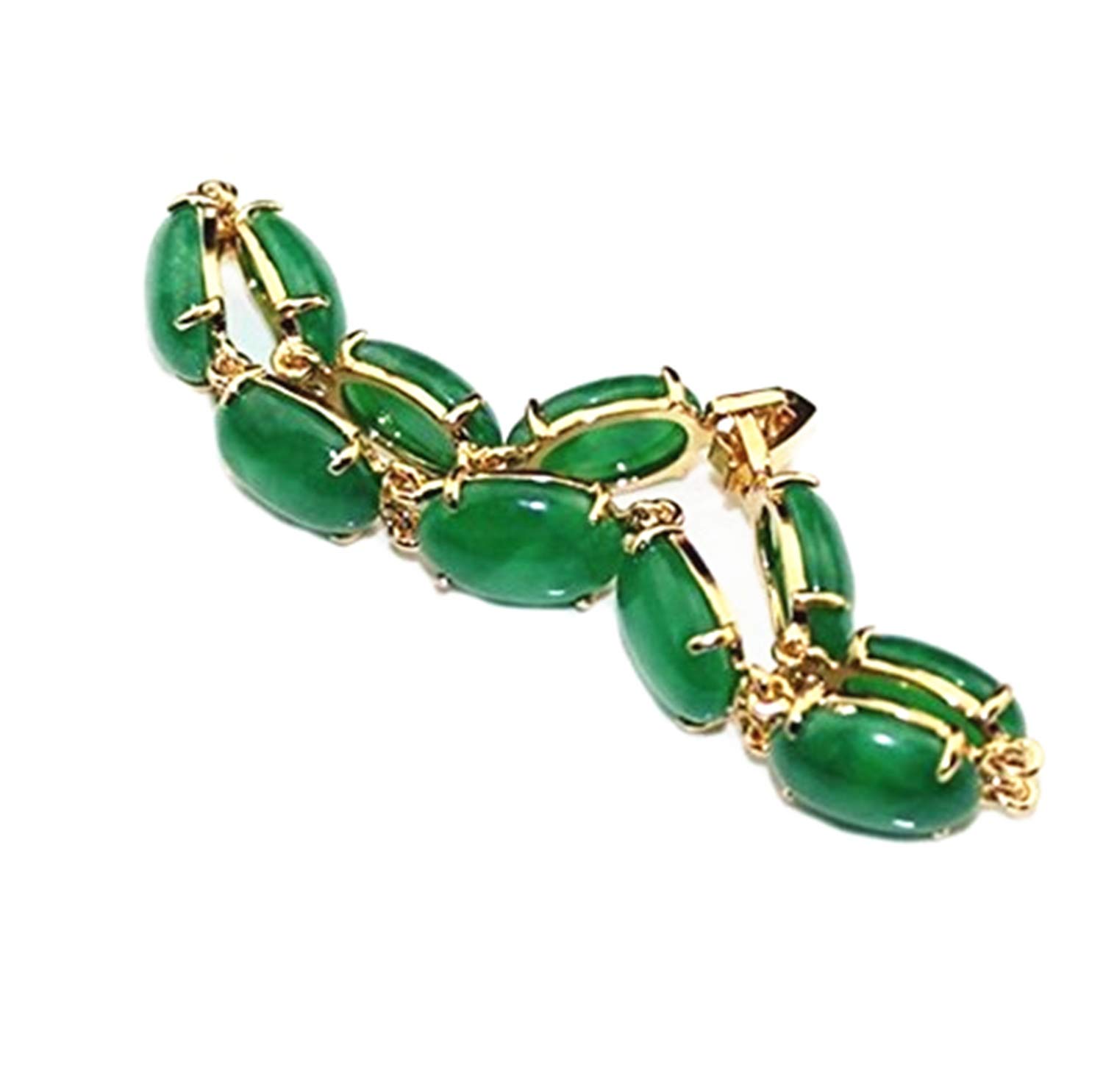 yigedan Egg-Shaped Green Jade & Amber Bracelet, 18KGP Gold Plated, 7-8 inches, Handmade