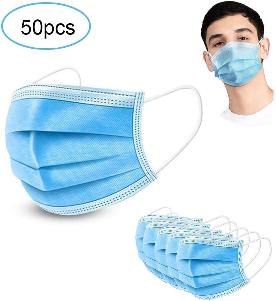 Goffdey 50PCS Disposable Face 𝐌𝐀𝐒𝐊 3 Layer Filter Face Cover with Elastic Earloop, 3 Ply Filter Breathable Safety 𝐌𝐀𝐒𝐊