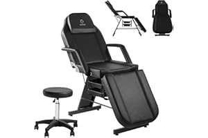 LUXMARS Tattoo Chair Adjustable,Facial Chair Multipurpose 73 Inch Spa Facial Bed with Massage Equipment Stool for Beauty Spa Tattoo, Black
