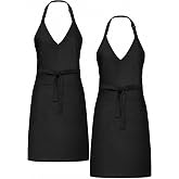 Liitrsh 2 Pcs Unisex V Neck Apron 2 Pocket Tuxedo Server Apron Long Waist Tie Adjustable Waiter Pinafore Bistro