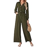 LOOKBOHO Womens Dressy Jumpsuits Casual One Piece Outfit Button Long Sleeve Wrap Drawstring Waist Wide Leg Long Pants Romper