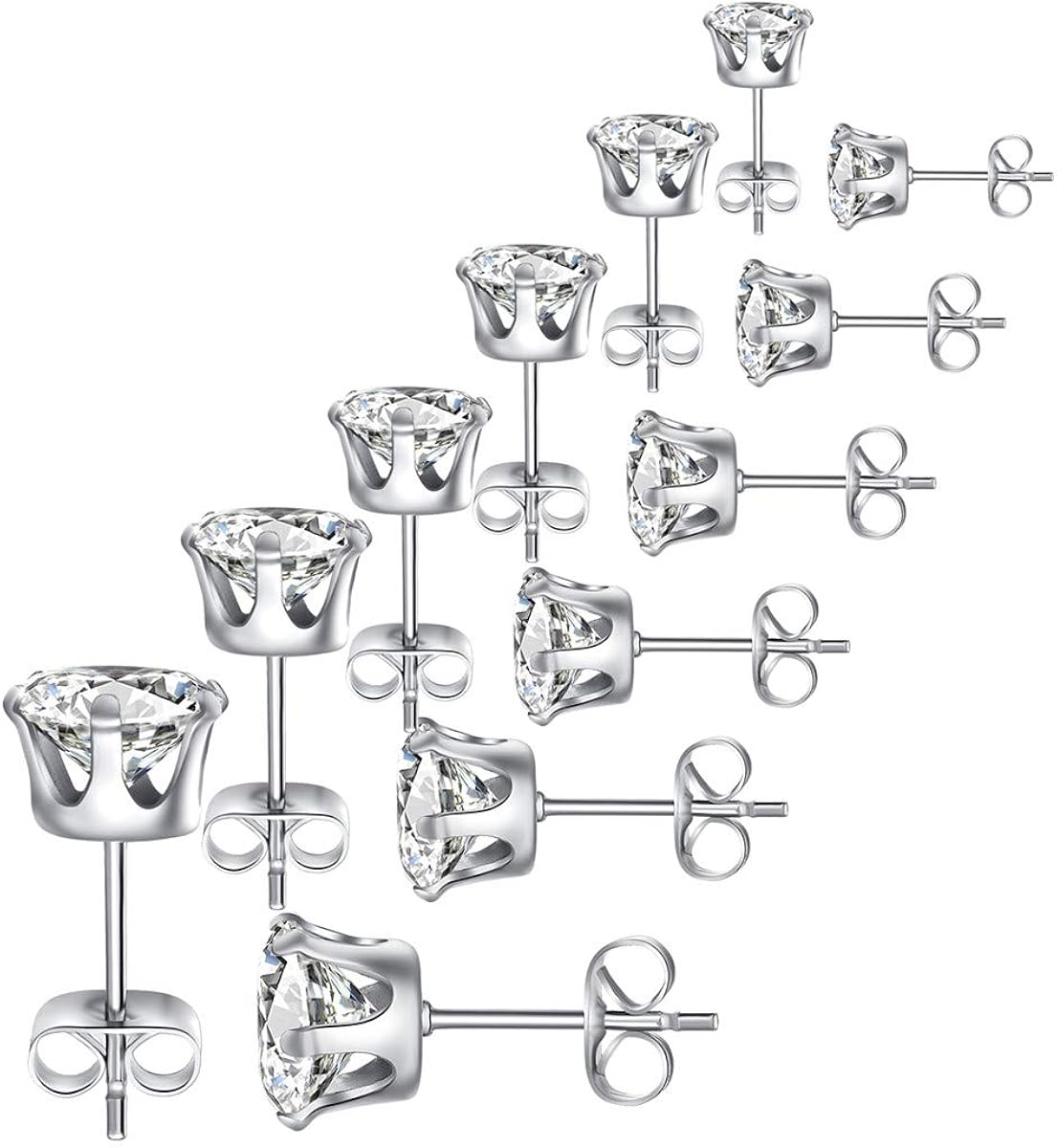 FOSIR 6 works CZ Stud Earrings Set, Men Women Stainless Steel Cubic Zirconia Earrings, 3-8mm