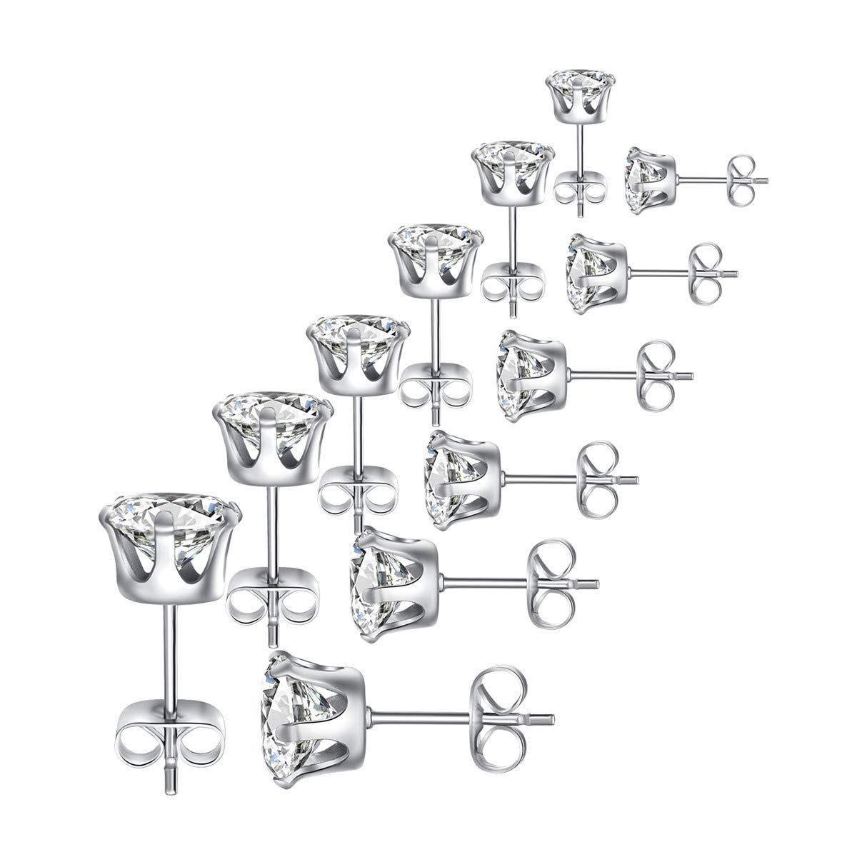 FOSIR 6 Pairs CZ Stud Earrings Set, Men Women Stainless Steel Cubic Zirconia Earrings, 3-8mm