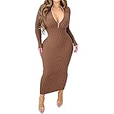 Fastkoala Women's Sexy Ribbed Bodycon Dress Solid Color Long Sleeve Slim Fit Midi Lilac Night Club Party Dresses