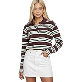 Lomehue Women Striped Rugby Shirts Y2K Vintage Collared Long Sleeve Polo Tops Oversized Sweatshirt Fall Casual Pullover