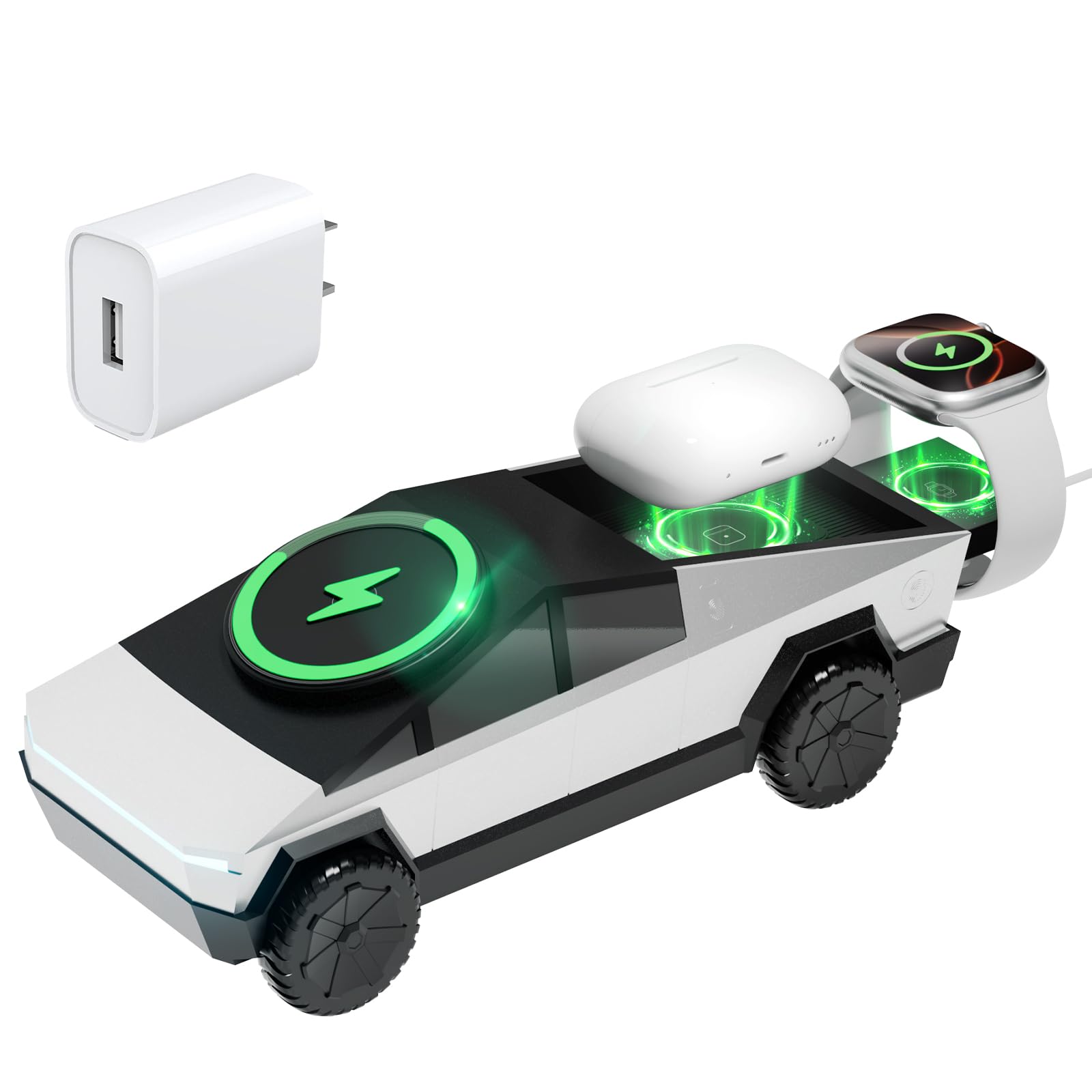 Photo 1 of CyberDock 3-In-1 Wireless Charging Station for iPhone with Car Model Design 1:25 Scale, Qi Certified Mag-Safe Charger for iPhone iWatch AirPod, Rotating Charger with Ambient Light, 20W Adapter, Sliver