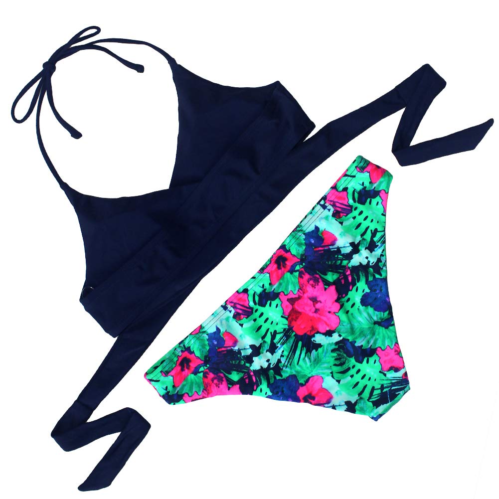 Agreya Womens 2 Piece Push up Black Bikini Top Floral Printing Bottom Swimsuit (Blue, XL)