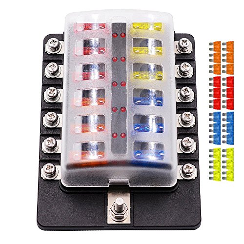 Fuse Box Holder,12 Way Blade Fuse Box Holder with LED Warning Light Kit for Car Boat Marine