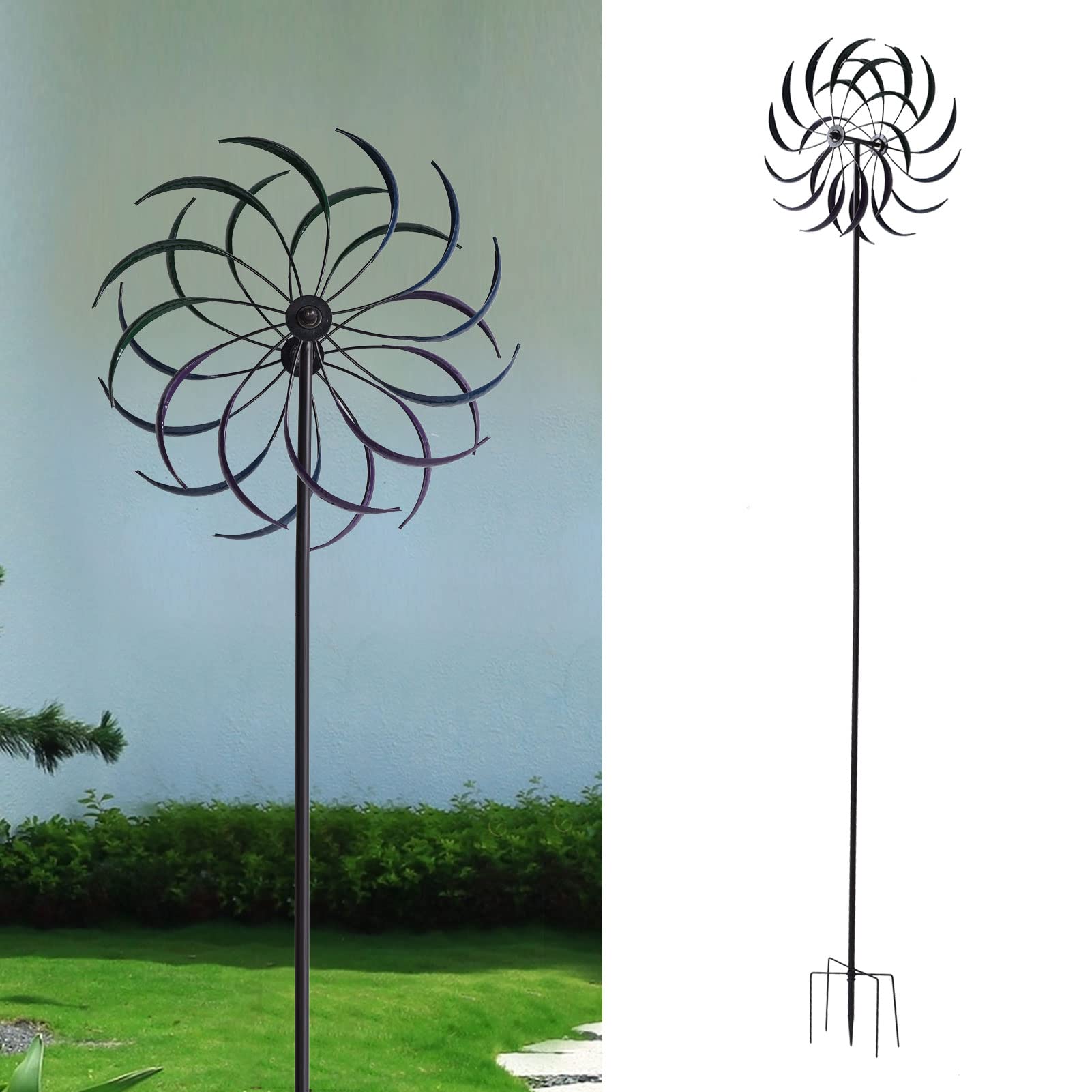 Colorful Iron Garden Wind Spinner, Double Layer Metal Spinners with Ground Stake, for Patio Lawn Decoration