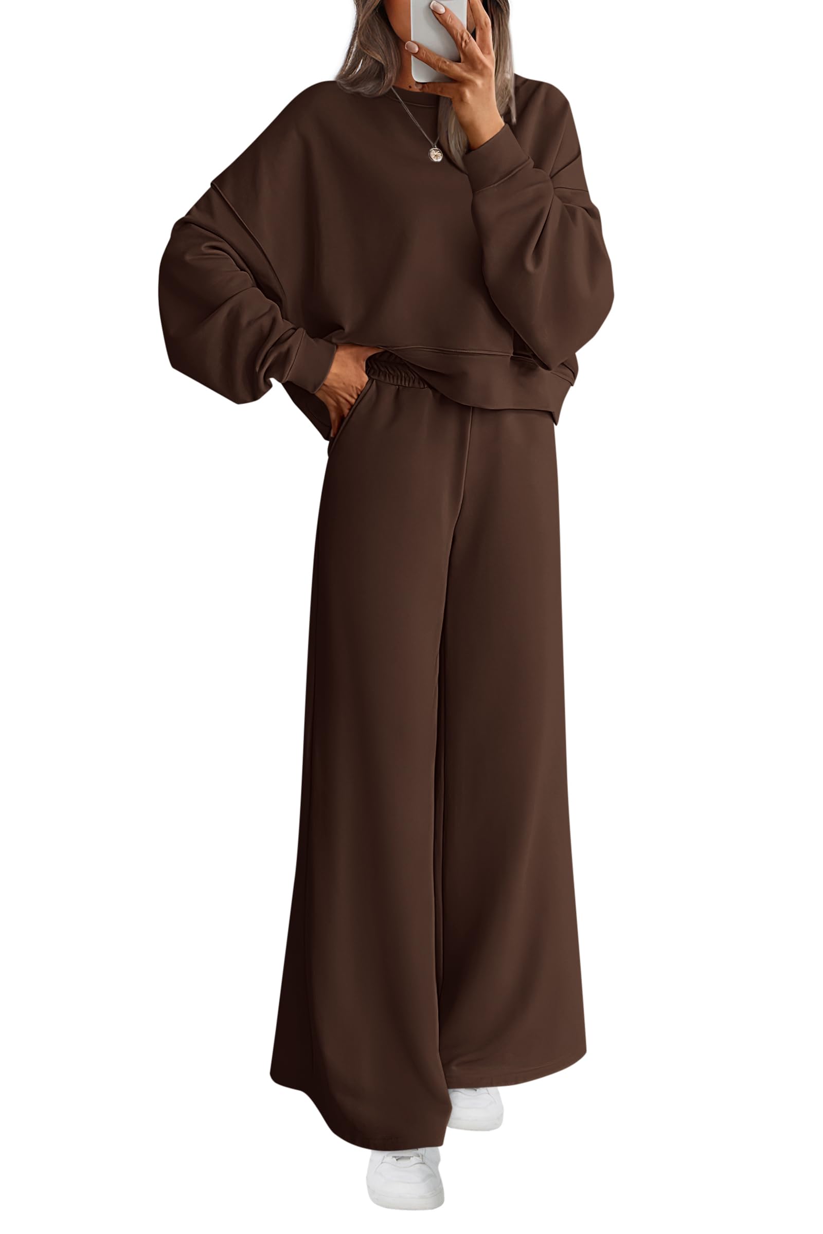 Photo 1 of PRETTYGARDEN Women 2 Piece Outfits 2025 Fall Sweatsuits Crewneck Sweatshirt Wide Leg Sweatpants Lounge Sets Tracksuit(Dark Brown,Large)