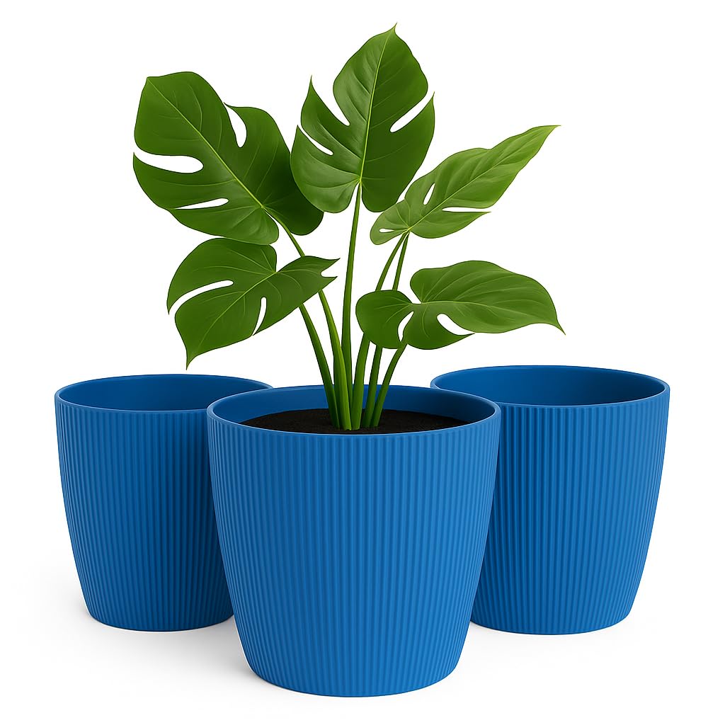 Home Garden Ornaments Plant Pots Indoor 13.5cm Diameter Set of 3 - Decorative Plant Pot of Navy Blue Colour - Striped Flower Pot – Durable Flower Pots Outside (Ø 13.5 cm (5.31 inch), Navy Blue)