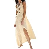 R.Vivimos Boho Maxi Dresses for Women 2026 Summer Sleeveless Halter Elastic Waist Sexy Backless Front Slit Flowy Long Dresses