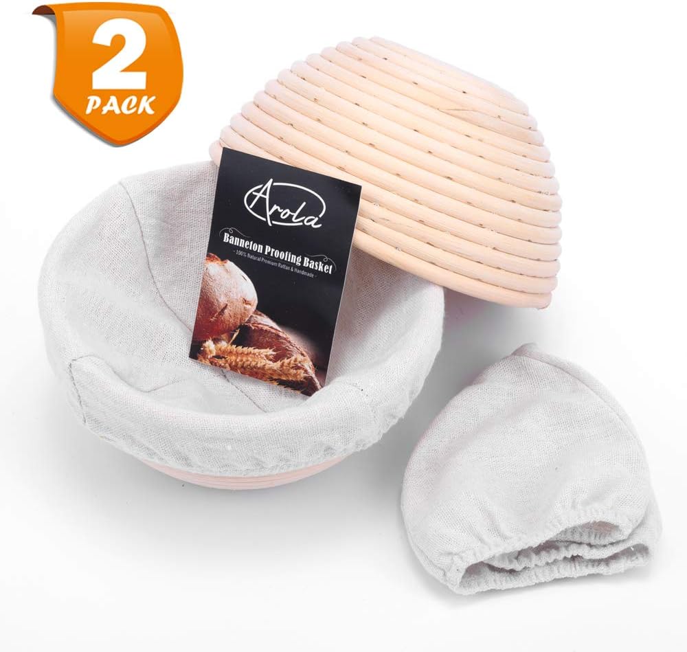 2 Pack 7 inch/18 cm Round Bread Banneton Proofing Basket,Handwoven Natural Rattan Cane Basket With Linen Liner Cloth,Baking Supplies for Home & Professional Bakers.