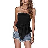 LYANER Women's Frill Shirred Ruffle Hem Strapless Tube Top Sleeveless Pleated Peplum Bandeau Blouse