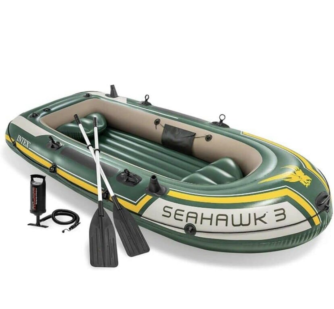 Intex Water Sports + Intex Seahawk 3 Inflatable Dinghy man Boat with Oars Air Pump, Green, 295 x 137 43 cm UK